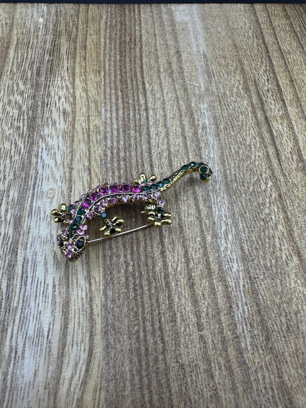Gold-tone Lizard Brooch with Pink & Green Stones